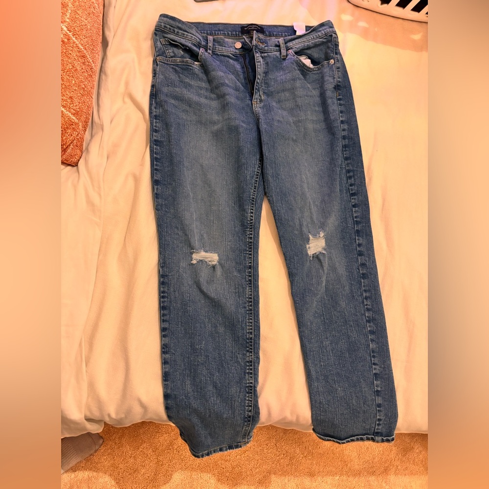 Blue Straight Leg Jeans with Distressed Details